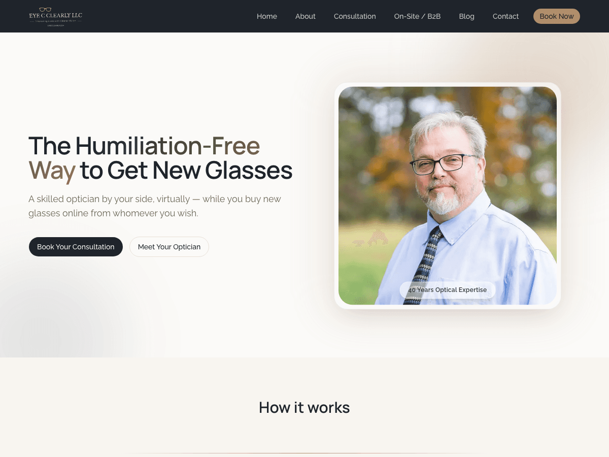 Eye C Clearly website, built by ConversionOPTs — 40 years of optical expertise, packaged into a bookable virtual service
