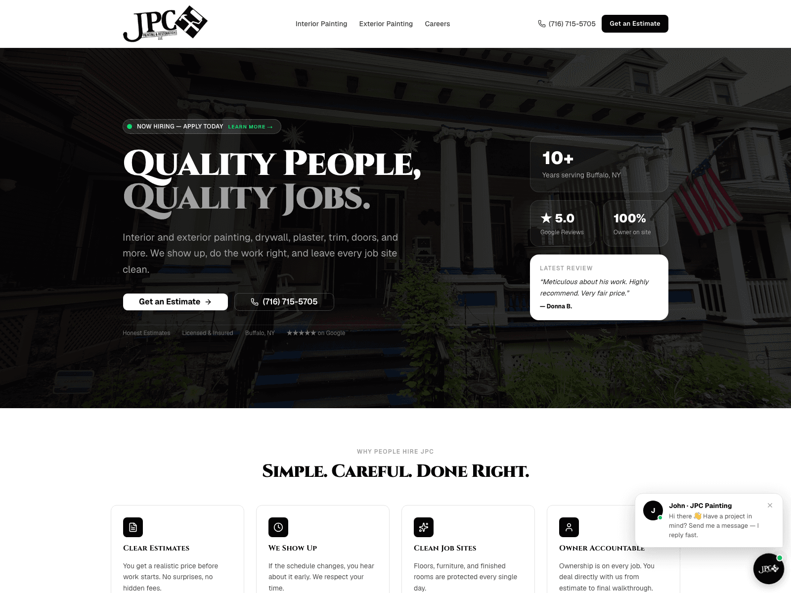 JPC Painting & Restorations website, built by ConversionOPTs — Custom CMS & CRM · live chat from the first visit